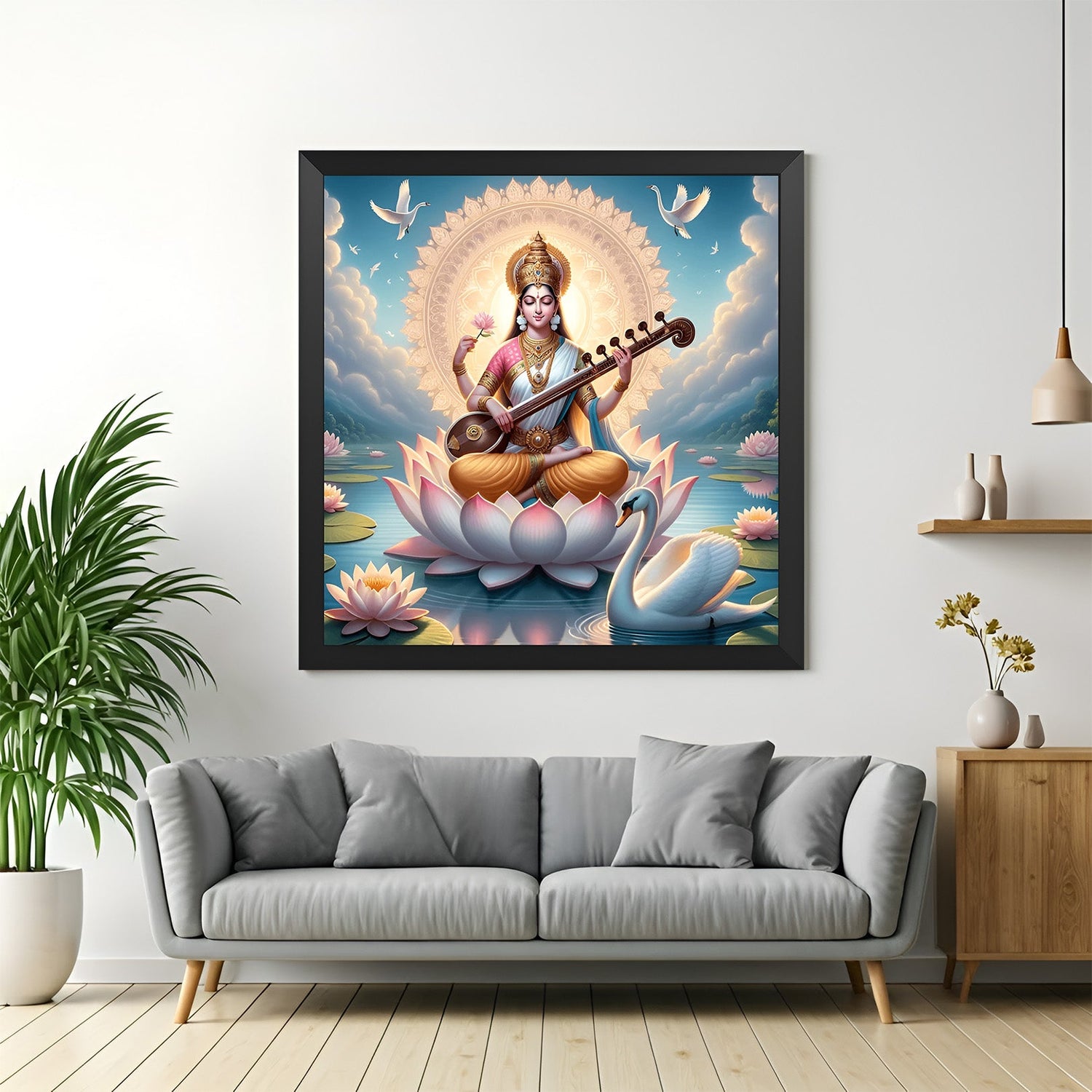 Saraswati canvas painting in black floater frame for peaceful and intellectual Vastu home and office spaces