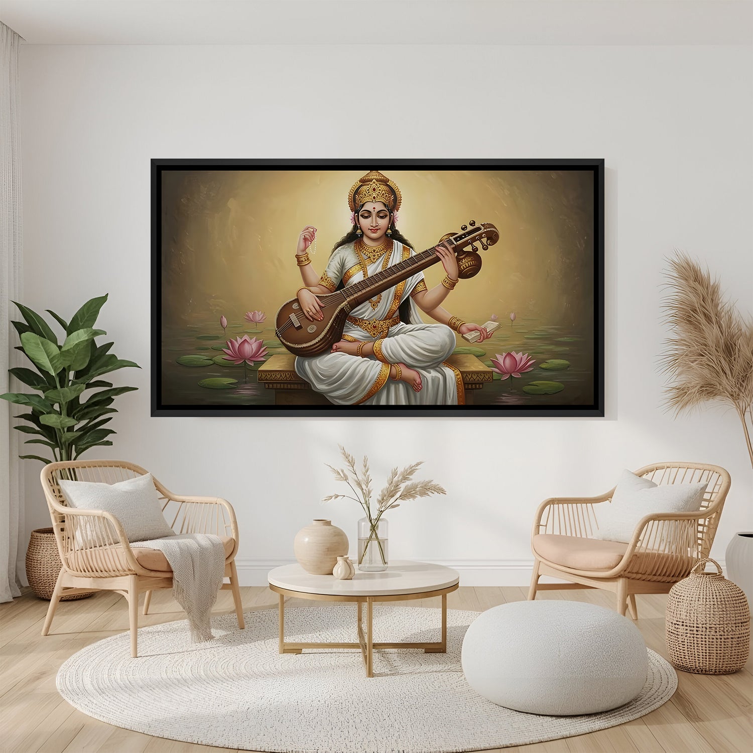Goddess Saraswati veena artwork in black floater frame mounted in contemporary living room setting.