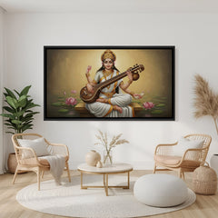 Goddess Saraswati veena artwork in black floater frame mounted in contemporary living room setting.