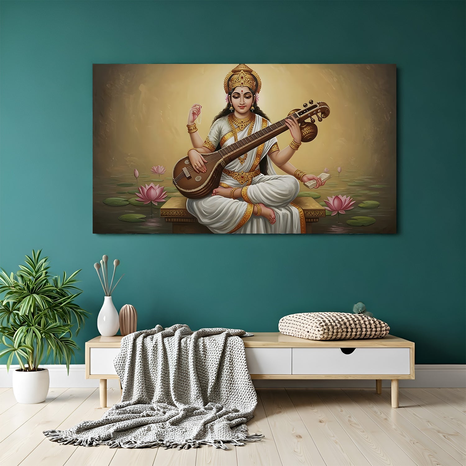 Goddess Saraswati veena wall art canvas-wrapped print displayed on teal wall above wooden console in modern home.