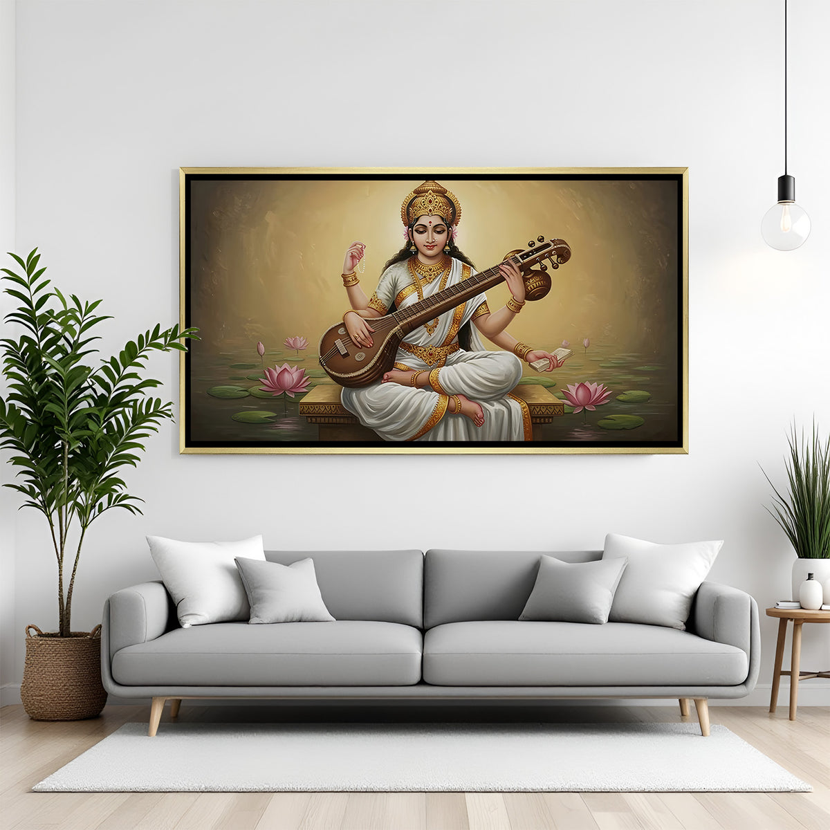 Goddess Saraswati veena wall art in elegant golden floater frame displayed in modern interior decor.