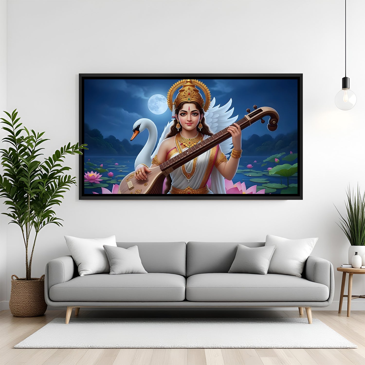 Goddess Saraswati wall art in black floater frame mounted in elegant living room interior decor.