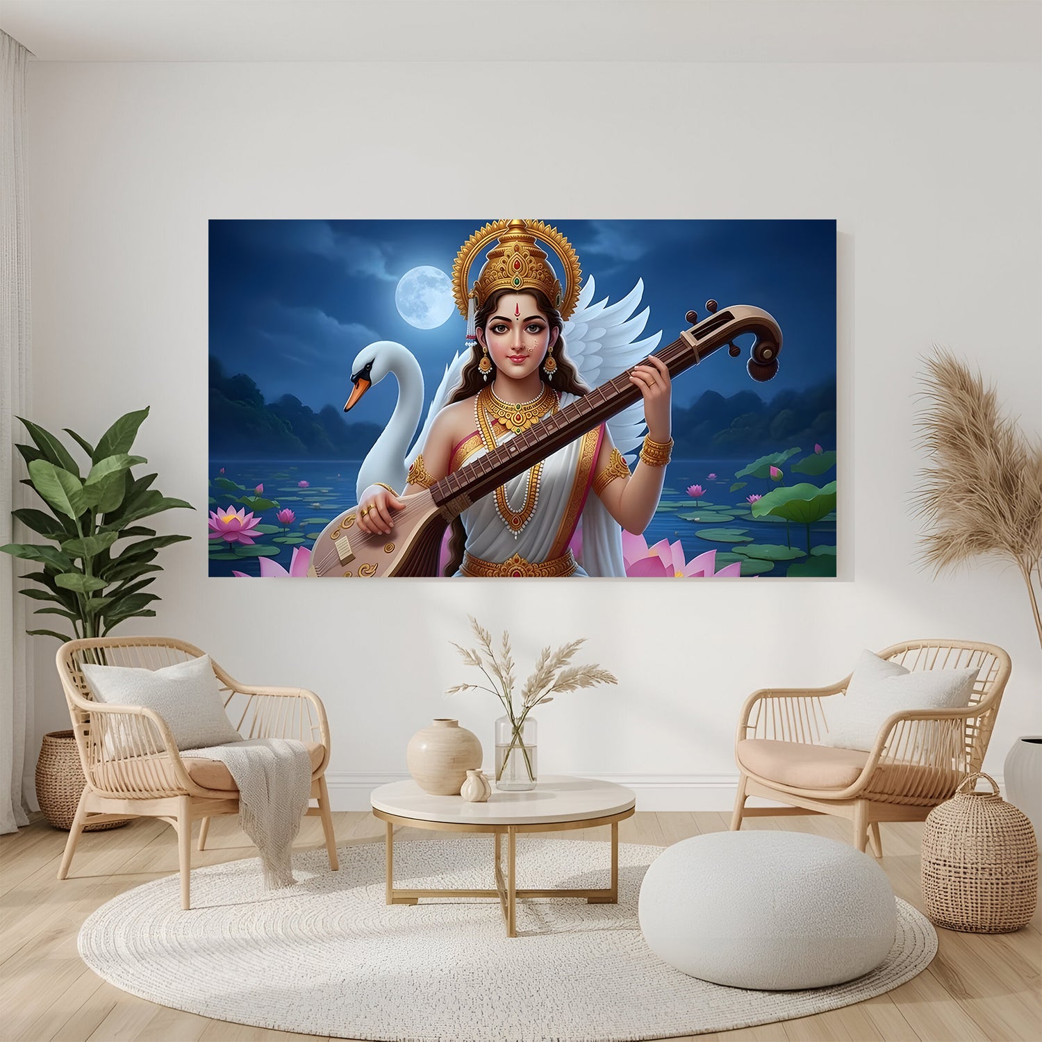 Goddess Saraswati wall art canvas-wrapped print displayed above a modern living room setup with chairs and round coffee table.