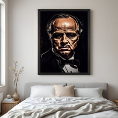 Framed Godfather poster canvas featuring iconic mafia portrait in modern monochrome style, perfect for vintage film wall decor