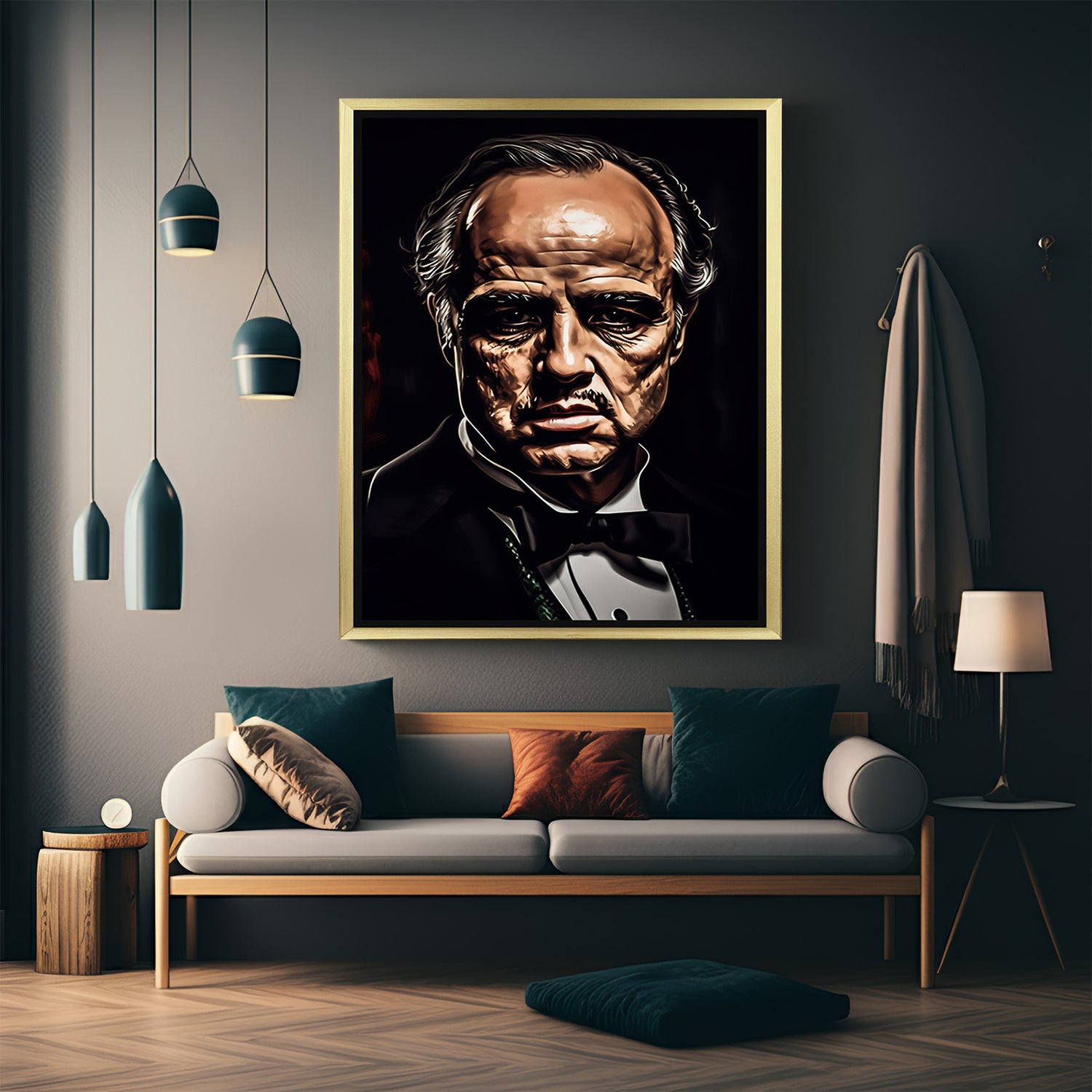 Godfather portrait canvas in golden frame, delivering cinematic drama and classic mafia vibes in a premium modern art format