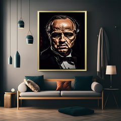Godfather portrait canvas in golden frame, delivering cinematic drama and classic mafia vibes in a premium modern art format