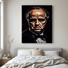 Classic Godfather portrait in cinematic poster style, showcasing Don Vito Corleone in bold black-and-white tones for timeless wall decor