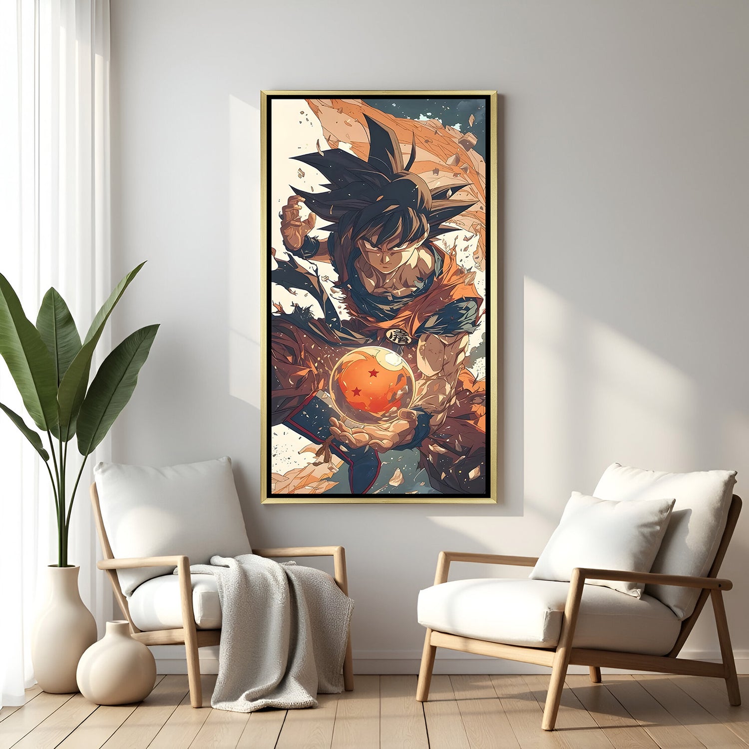 Goku Dragon Ball Z wall art in luxury golden floater frame with intense anime design