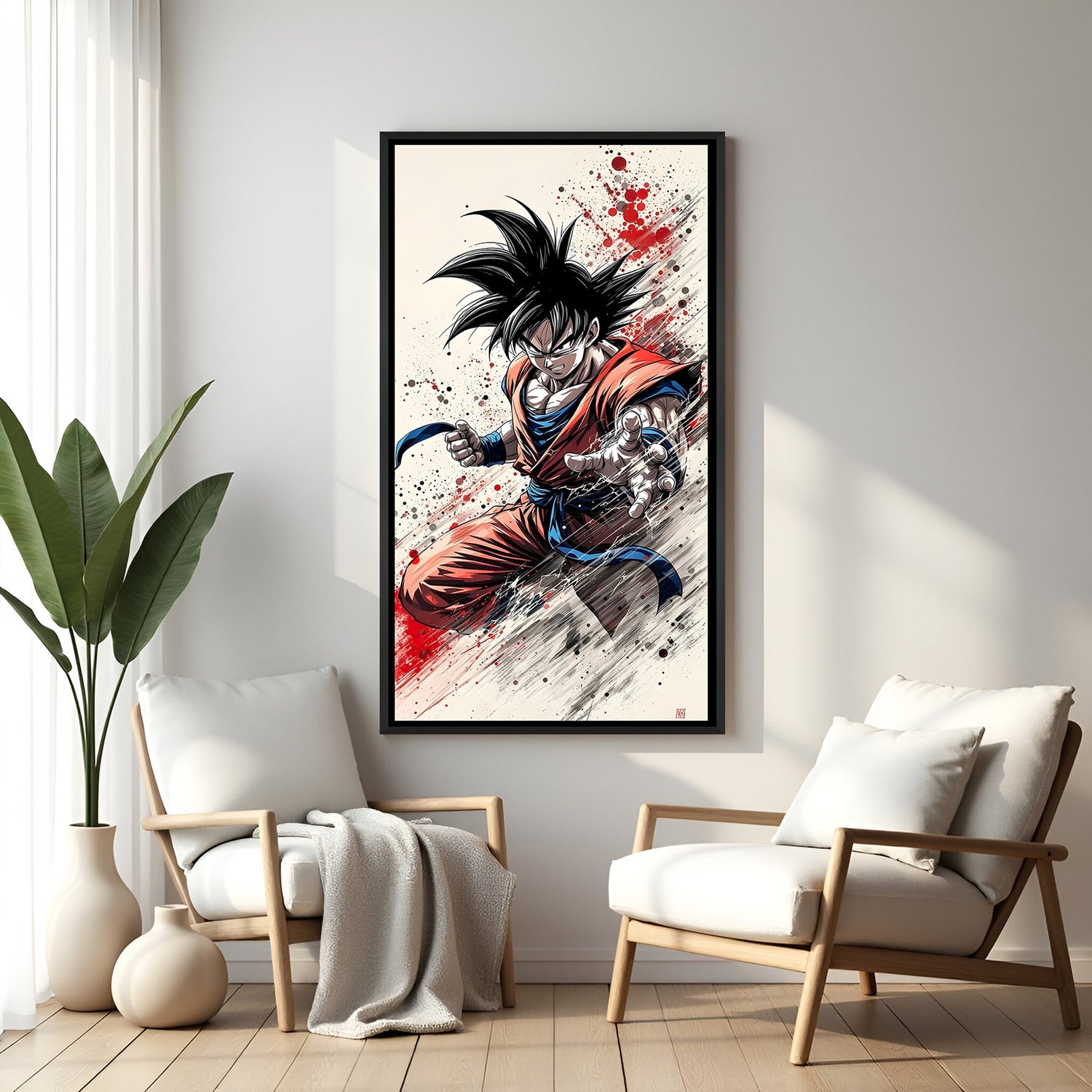 Goku fighting pose anime canvas artwork in premium black floater frame