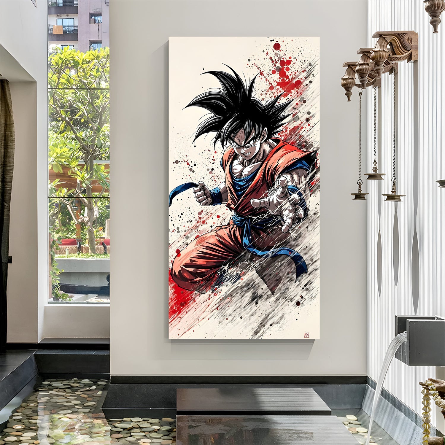 Goku fighting pose canvas painting with anime battle artwork in canvas wrapped frame