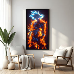 Goku Fire Aura anime canvas artwork in premium black floater frame