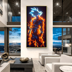 Goku Dragon Ball Z wall art in luxury golden floater frame with fiery aura design