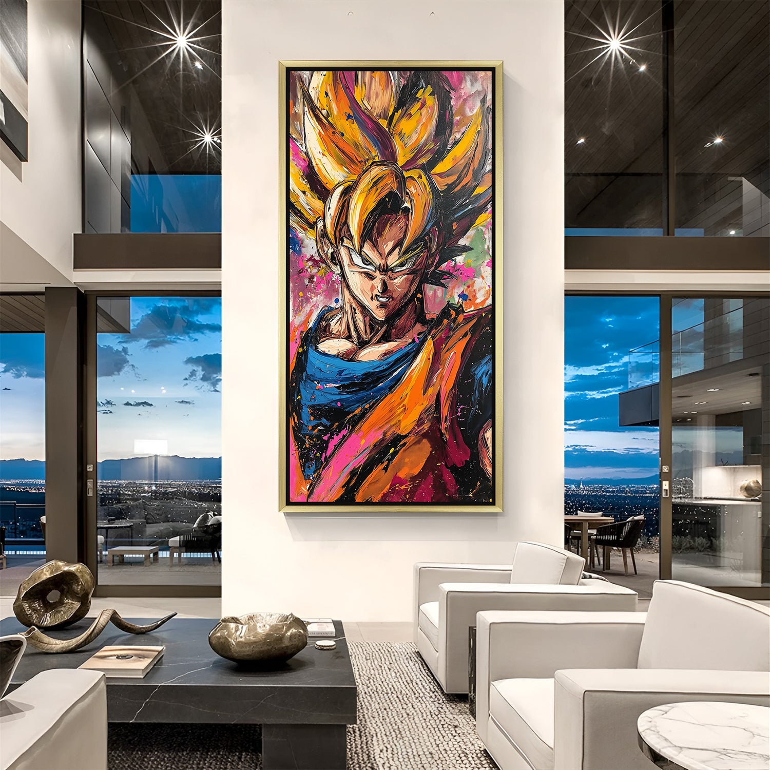 Framed canvas wall art of Goku in gold frame, blending anime action with premium modern interior style for fans of Dragon Ball and Japanese animation