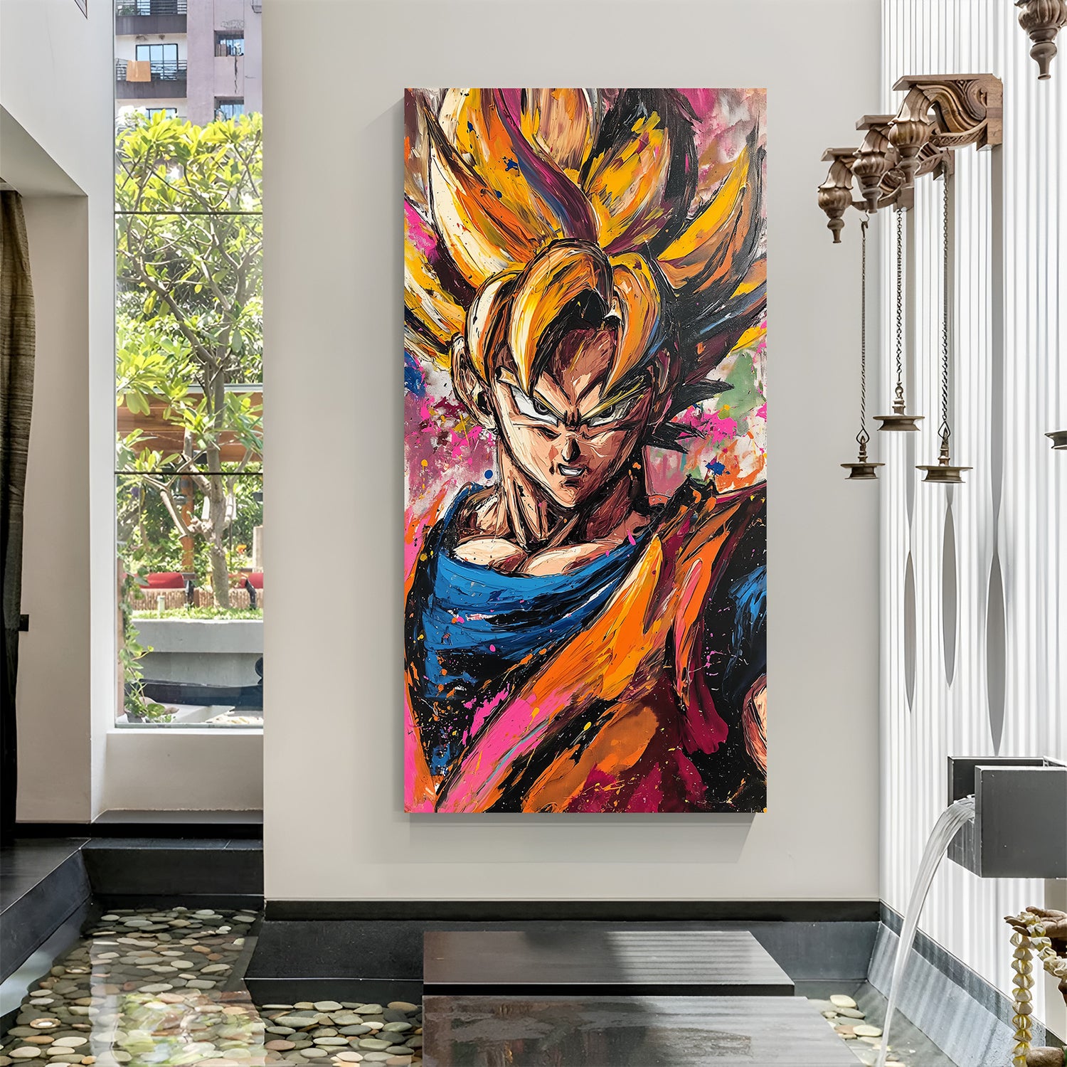 Modern anime canvas print of Goku in powerful stance with energetic brushstrokes and vivid colors, ideal for bold home, gamer, or anime-themed wall decor