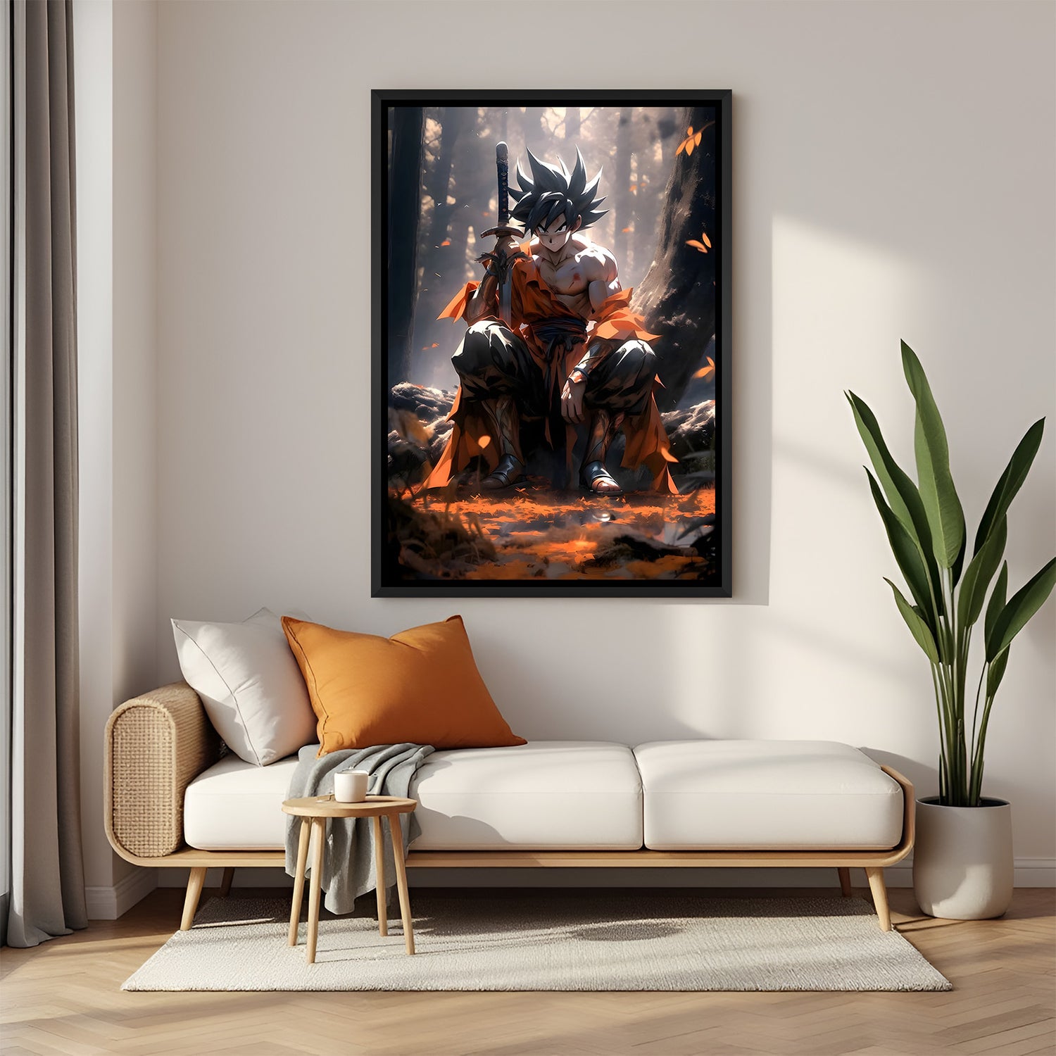 Goku sword anime canvas artwork in premium black floater frame