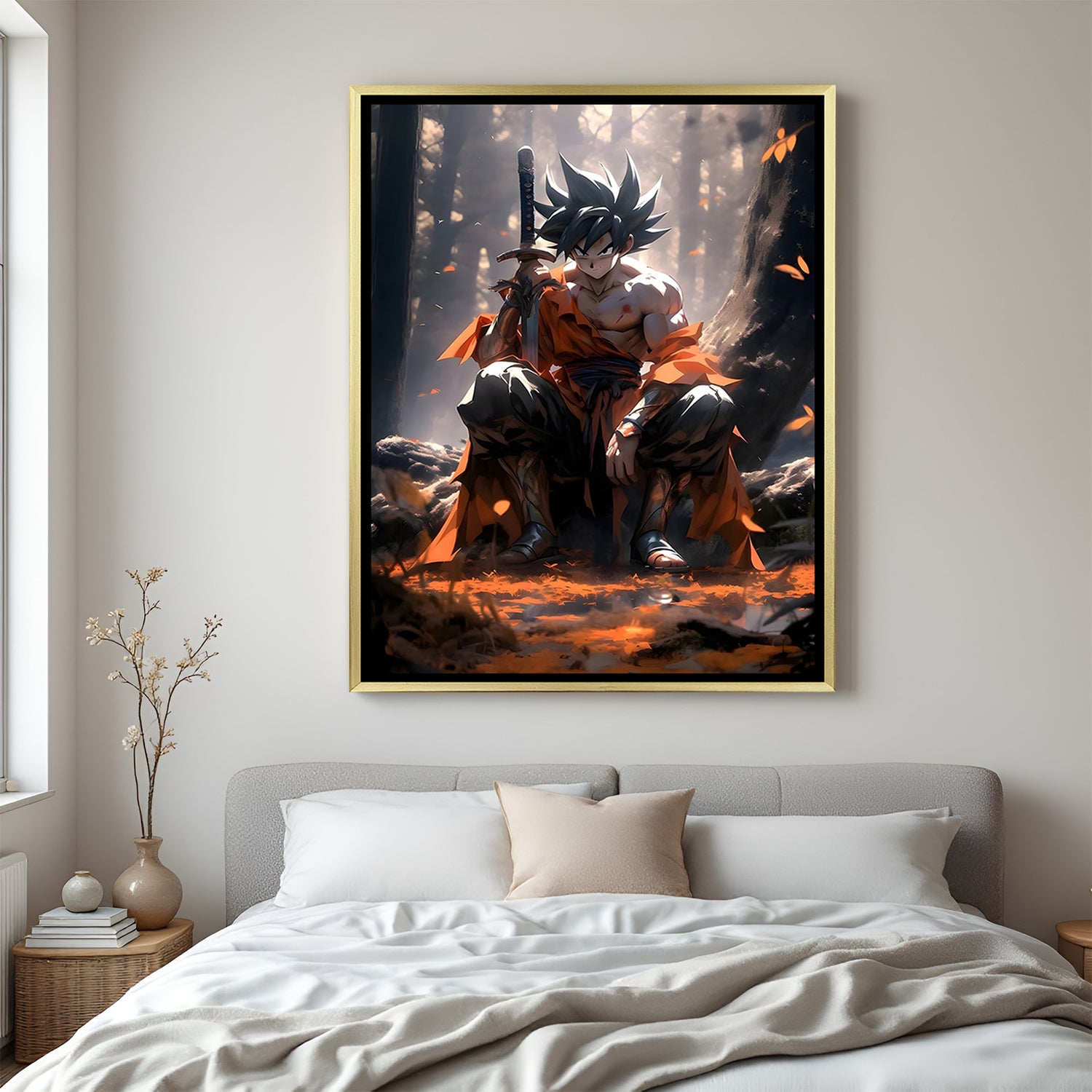 Goku Dragon Ball wall art in luxury golden floater frame with anime sword design