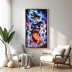 Goku Dragon Ball Super wall art in luxury golden floater frame with Ultra Instinct design