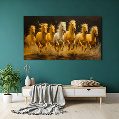 Golden 7 running horses vastu wall art in canvas wrapped frame symbolising wealth and success