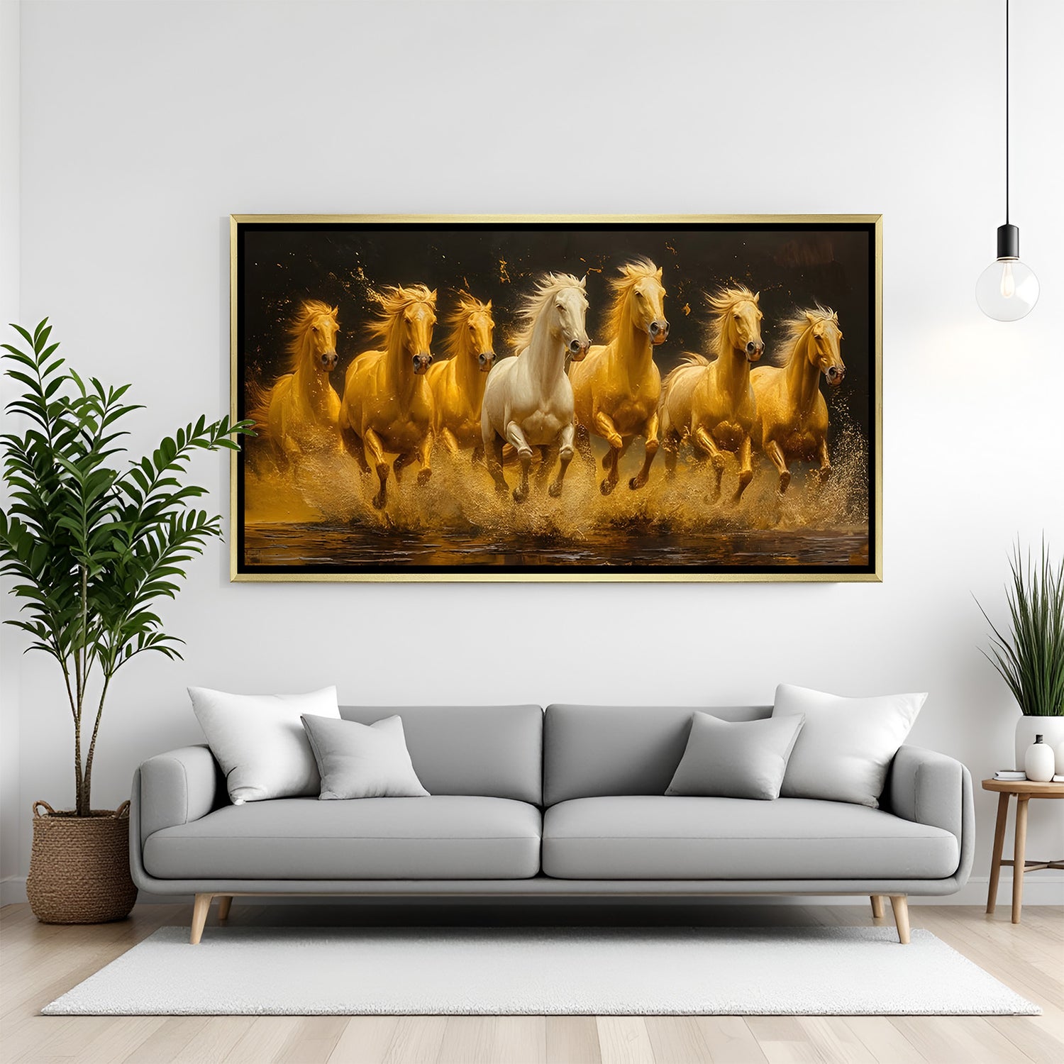 Luxury golden 7 running horses wall art in golden floater frame for office and home