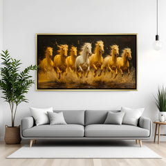 Luxury golden 7 running horses wall art in golden floater frame for office and home
