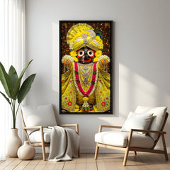 Vibrant Jagannath artwork in yellow attire displayed in elegant black floater frame