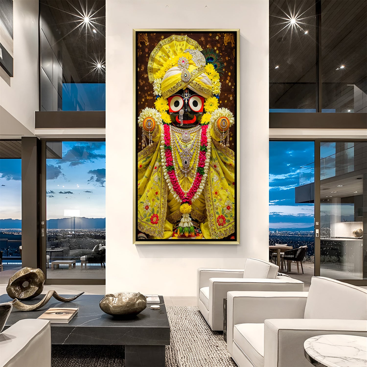 Golden Attire Jagannath artwork in luxury golden floater frame featuring divine yellow garments