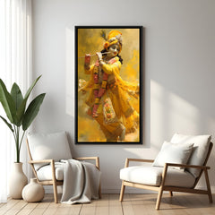 Krishna flute yellow theme wall painting in elegant black floater frame for spiritual home decor