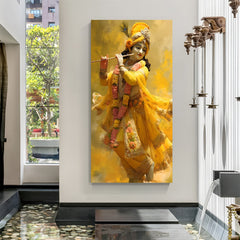 Lord Krishna yellow dress flute playing canvas wall art in premium canvas wrapped frame with divine golden theme