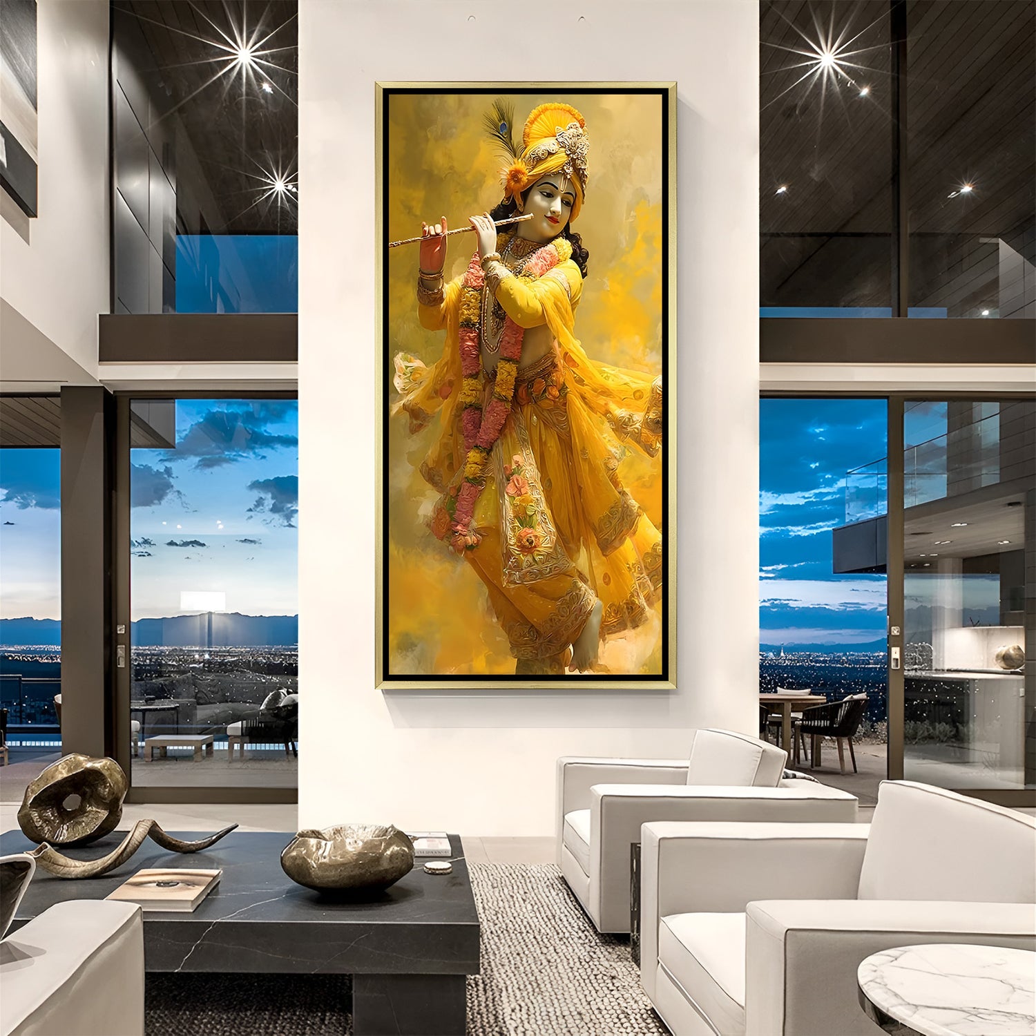 Lord Krishna in yellow attire flute artwork in luxurious golden floater frame with radiant divine aura