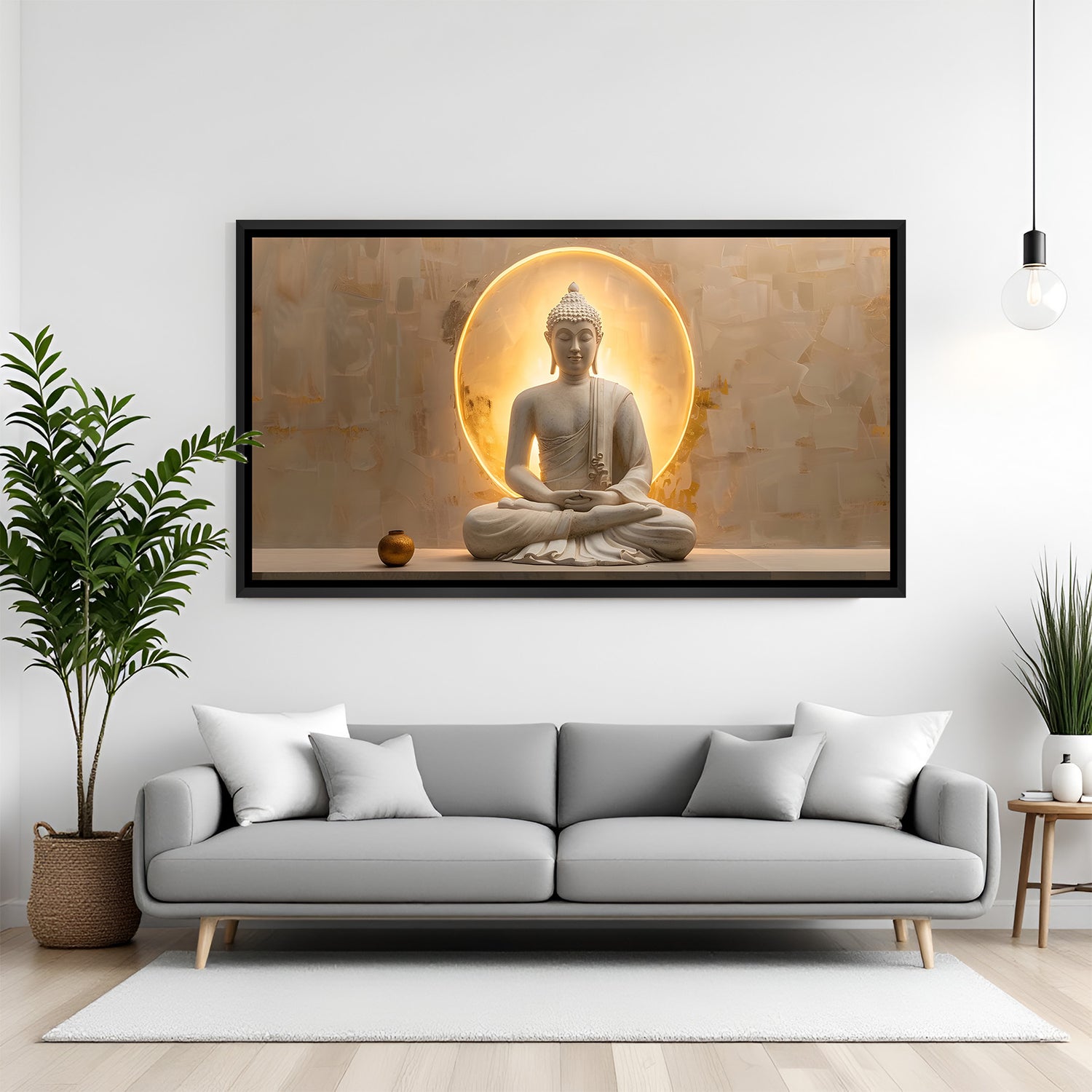 Modern Buddha meditation artwork in black floater frame with illuminated halo effect and textured background.