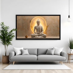 Modern Buddha meditation artwork in black floater frame with illuminated halo effect and textured background.