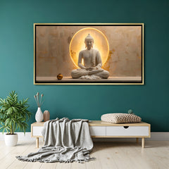Luxury Buddha meditation wall art in gold floater frame showcasing radiant halo lighting and calming beige palette.