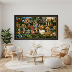 Traditional Radha Krishna devotional artwork with Yamuna river scene in elegant black floater frame