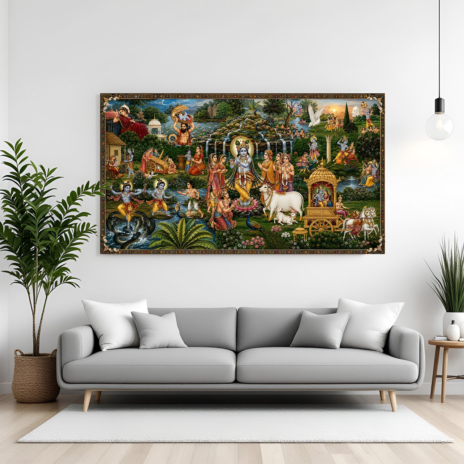 Radha Krishna with gopis near Yamuna River featuring cows and golden chariot in premium canvas wrapped frame