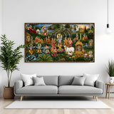 Radha Krishna with gopis near Yamuna River featuring cows and golden chariot in premium canvas wrapped frame