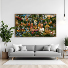 Radha Krishna with gopis near Yamuna River featuring cows and golden chariot in premium canvas wrapped frame