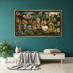 Golden Chariot of Vrindavan artwork in luxury golden floater frame featuring Radha Krishna, gopis, and sacred cows