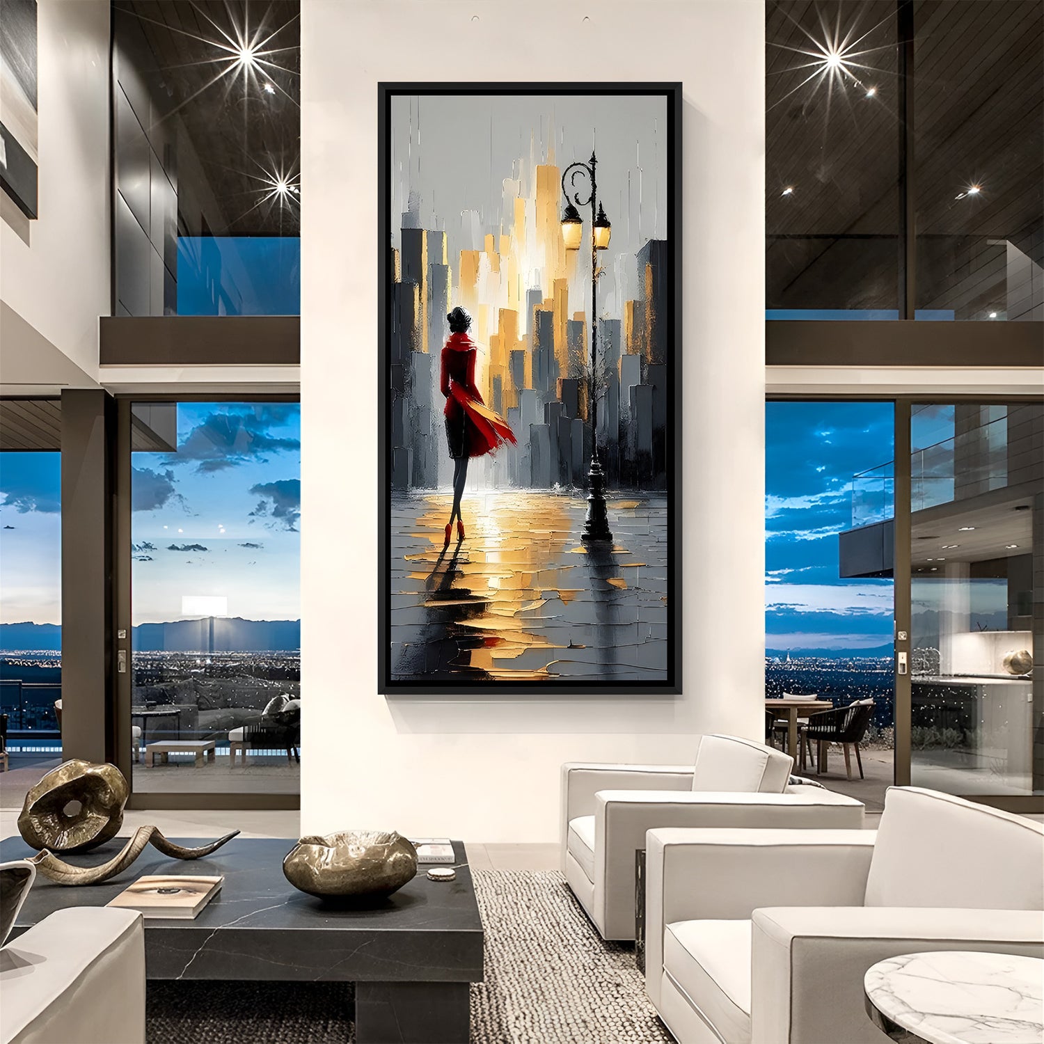 Modern cityscape artwork with woman walking in black floater frame featuring golden reflections and elegant urban style