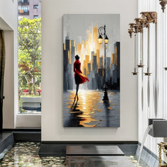 Golden city walk modern art canvas wall painting with woman in red coat and glowing urban skyline in canvas wrapped frame