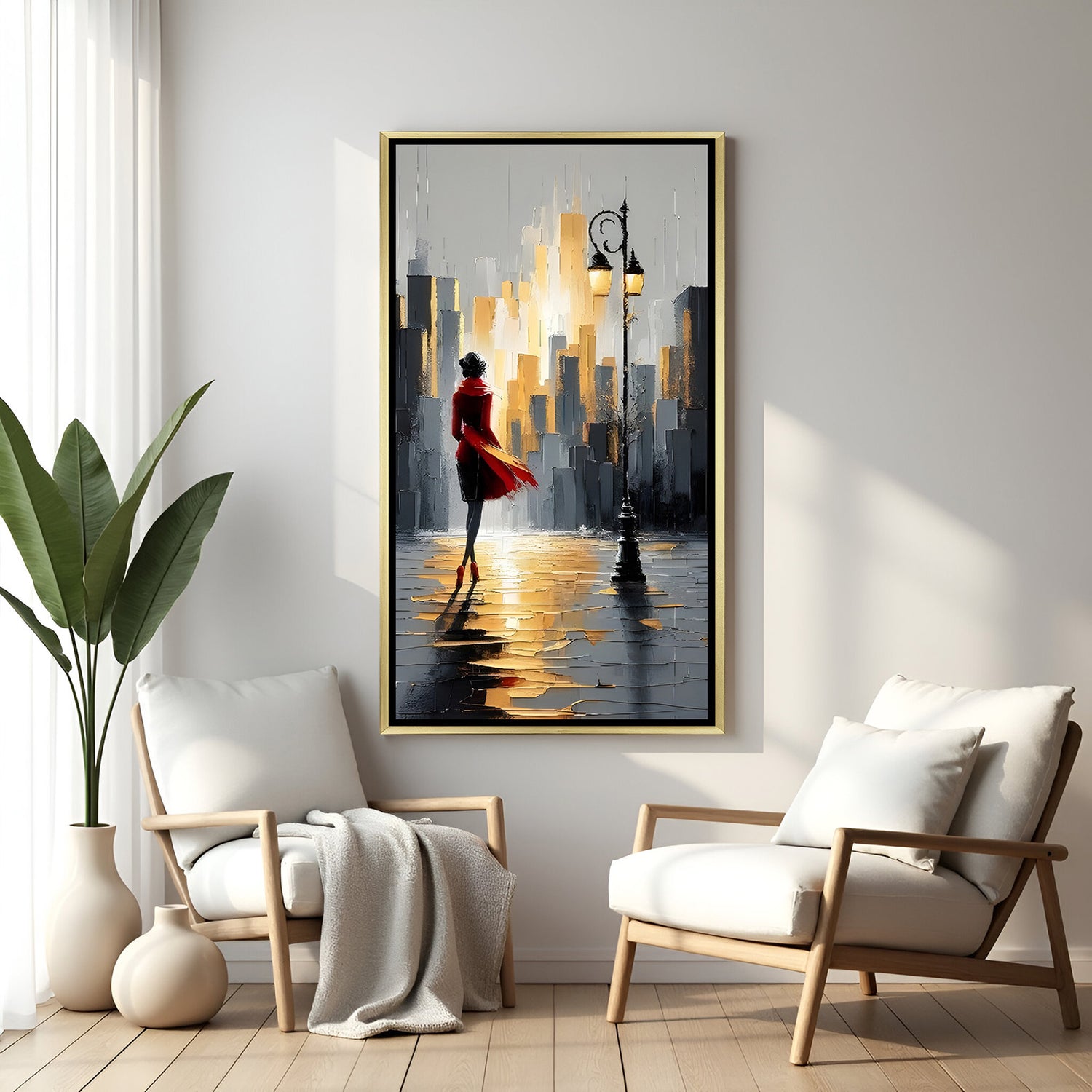 Luxury modern city walk canvas painting in golden floater frame with stylish female silhouette and abstract skyline