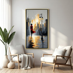 Luxury modern city walk canvas painting in golden floater frame with stylish female silhouette and abstract skyline