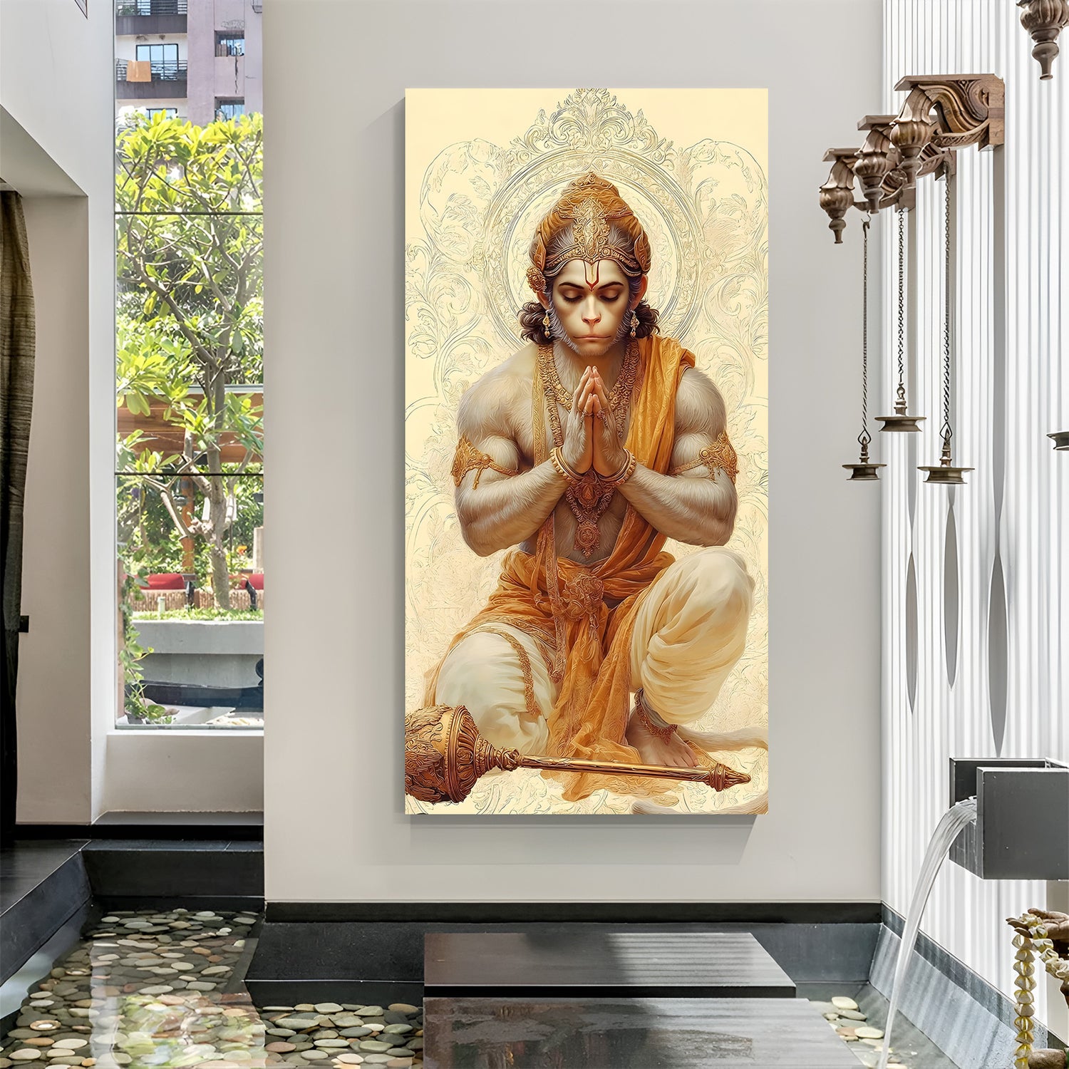 Hanuman Ji kneeling in prayer pose wall art in warm golden canvas format.