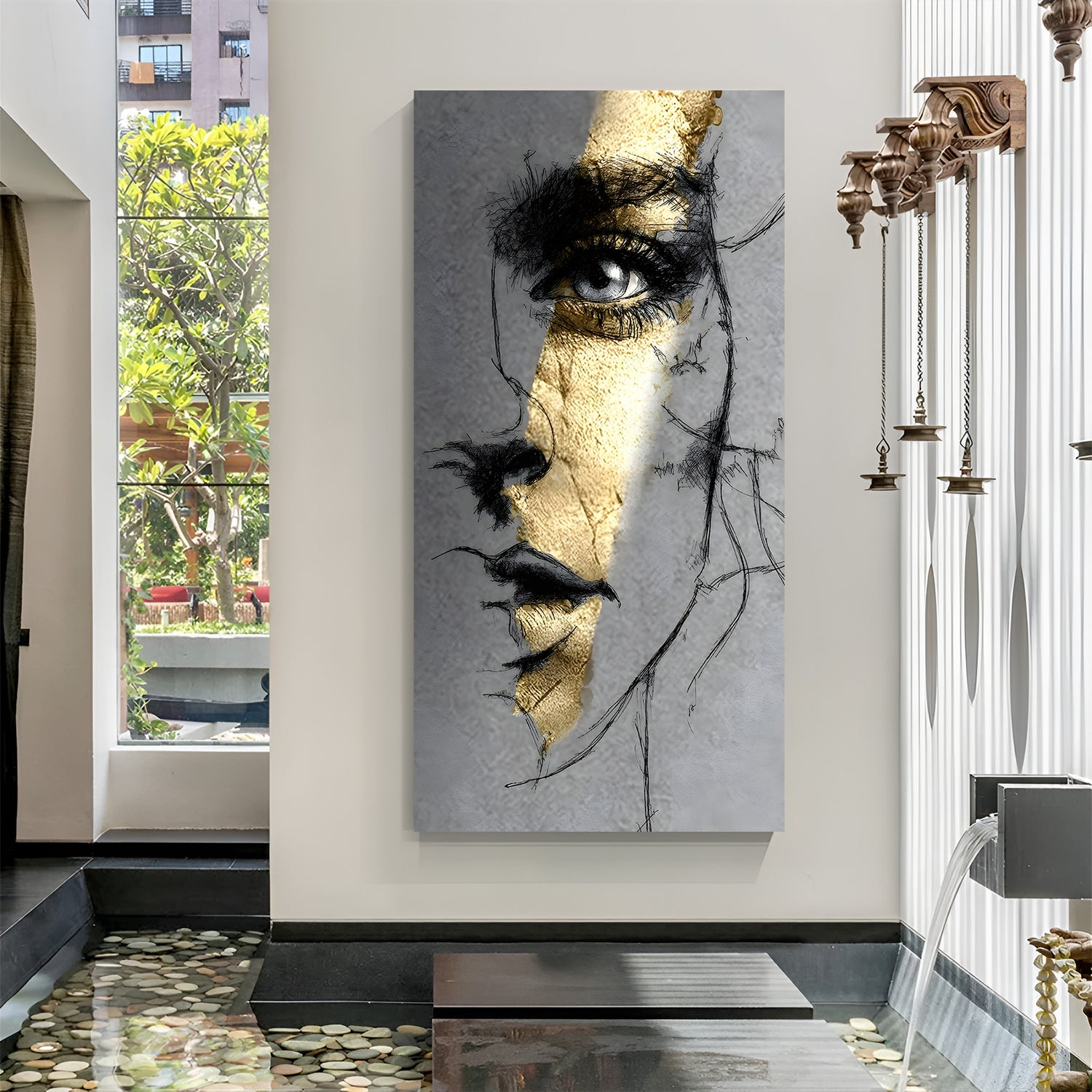 Half female face modern art canvas wall painting with golden line detail in premium canvas wrapped frame