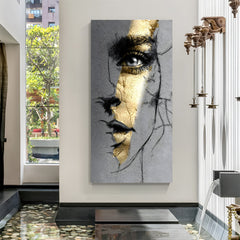 Half female face modern art canvas wall painting with golden line detail in premium canvas wrapped frame