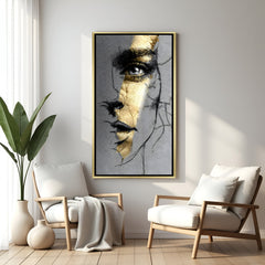 Luxury female abstract canvas artwork with golden facial line in golden floater frame for stylish interiors