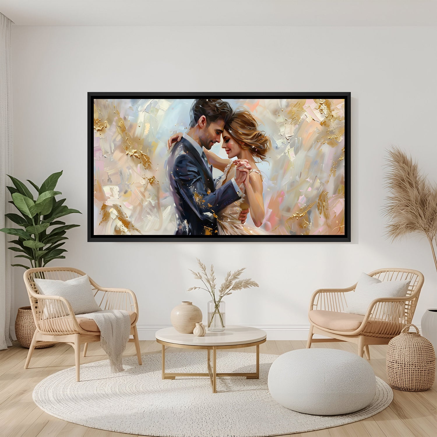 Modern romantic abstract couple painting in black floater frame with gold accents displayed above a contemporary grey sofa.