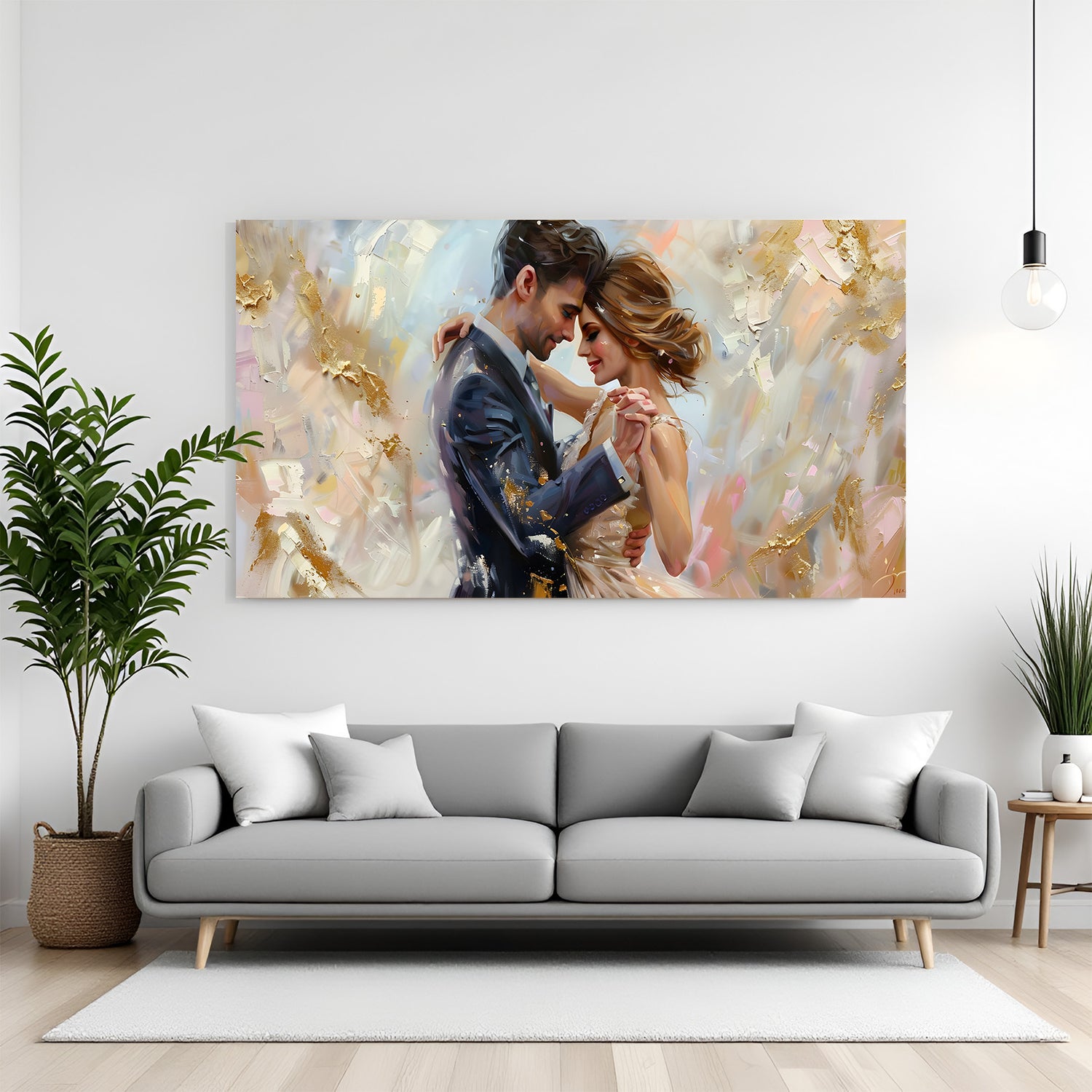 Romantic abstract couple wall art in canvas wrapped frame featuring a dancing couple with gold textured brushstrokes in a modern living room setting.