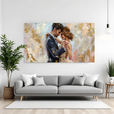 Romantic abstract couple wall art in canvas wrapped frame featuring a dancing couple with gold textured brushstrokes in a modern living room setting.