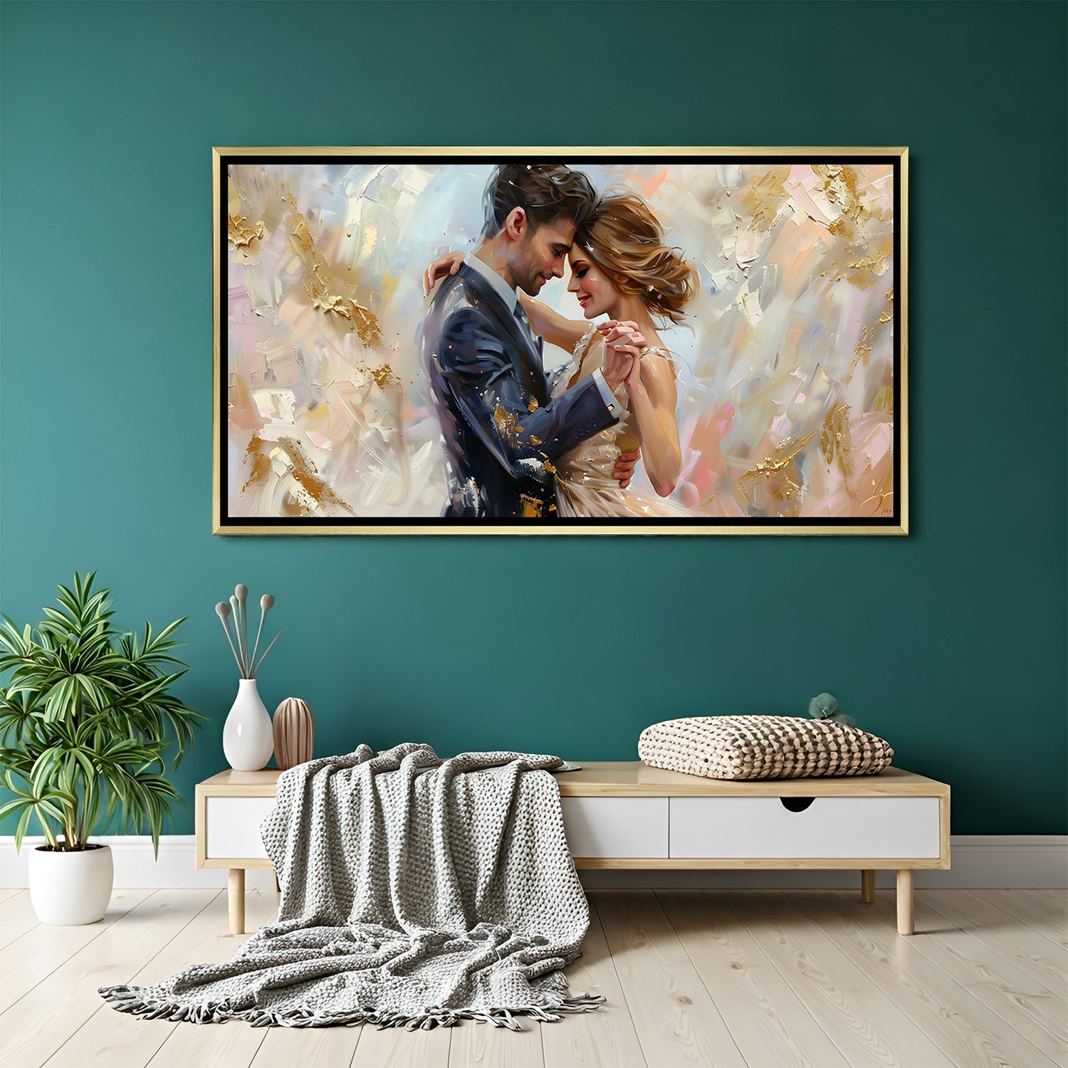 Luxury romantic abstract couple wall art in gold floater frame showcasing an intimate dancing couple with textured gold highlights.