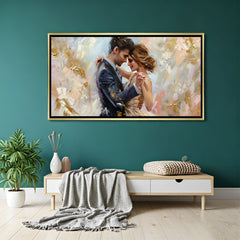 Luxury romantic abstract couple wall art in gold floater frame showcasing an intimate dancing couple with textured gold highlights.